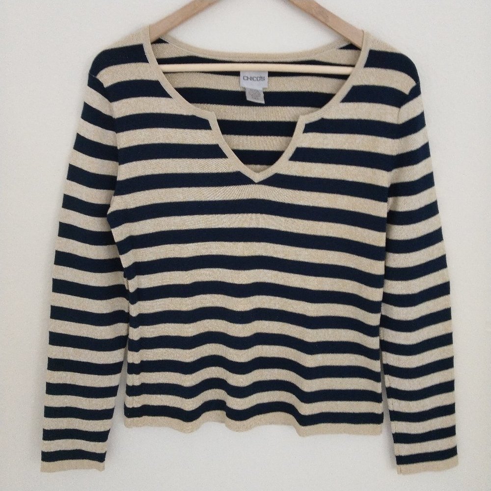 Chico's Navy/Gold striped sweater